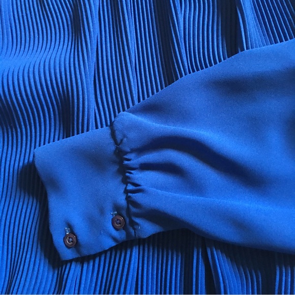 Vintage cobalt blue ruffle neck puff shoulder semi-sheer long sleeve midi dress - Picture 7 of 15